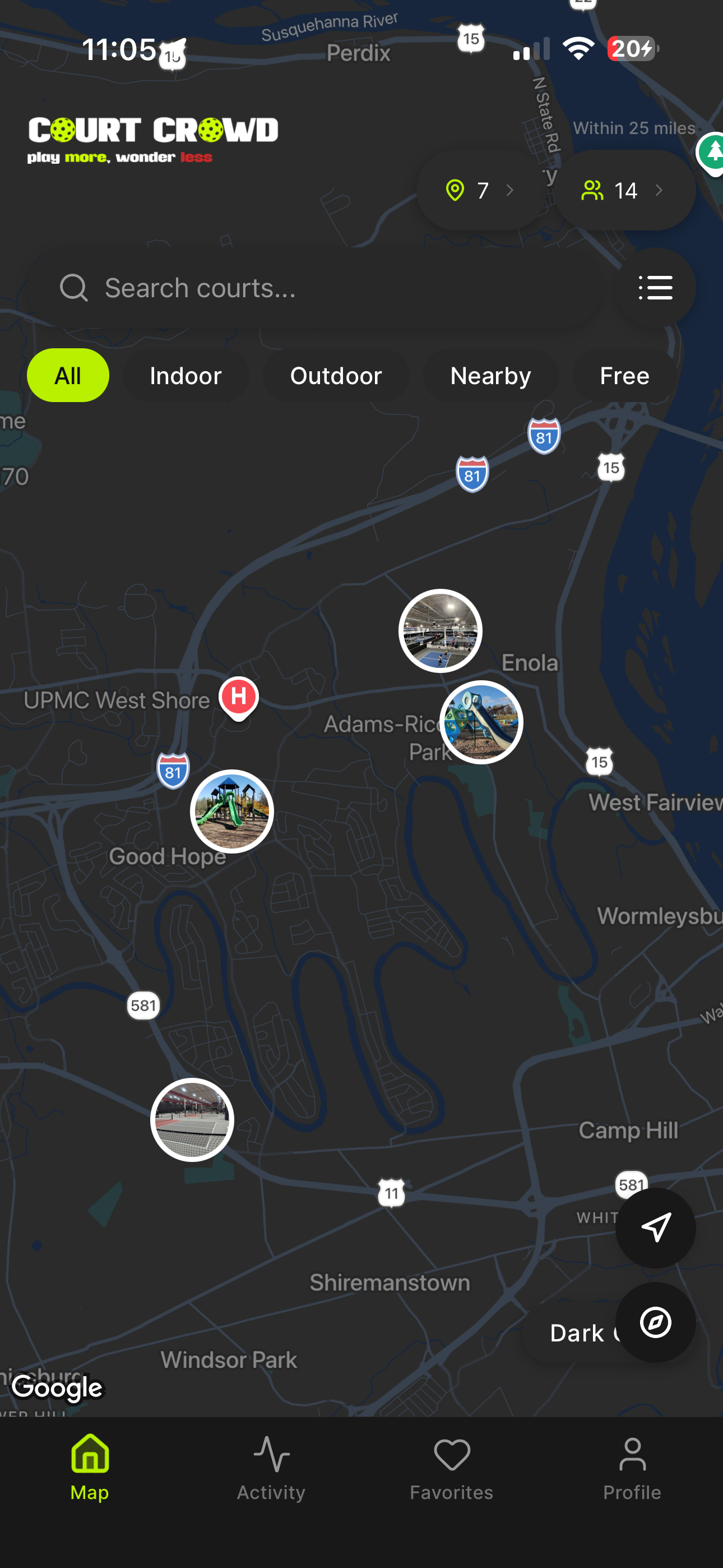 Court Crowd map with court pins